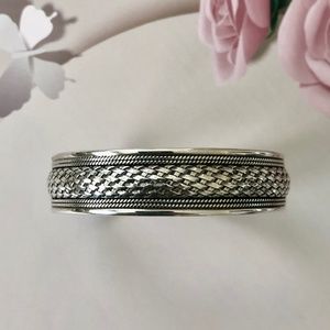 .925 Sterling Silver Woven Design Open-Cuff Bangle Bracelet